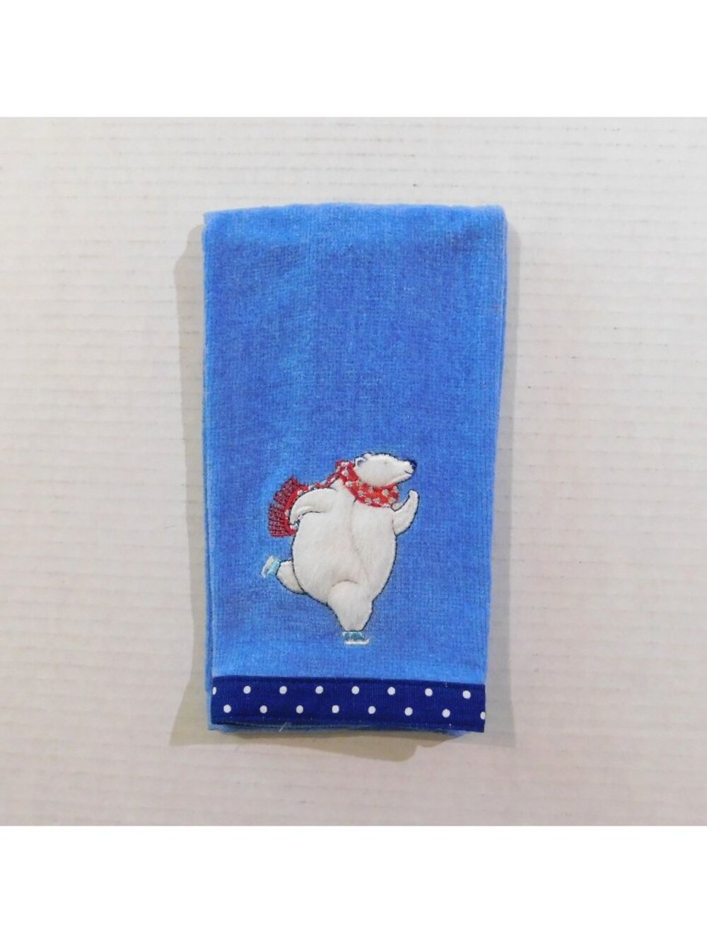 Holiday Embroidered Skating Polar Bear Fingertip Towel Blue Cotton 16"x11"